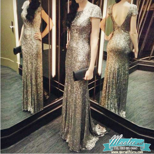 พร้อมส่ง ชุดราตรียาว แบบแขนสั้น ผ้าหลัง สีเทา เนื้อผ้าแต่งเลื่อมทั้งตัว ทรงหางปลา