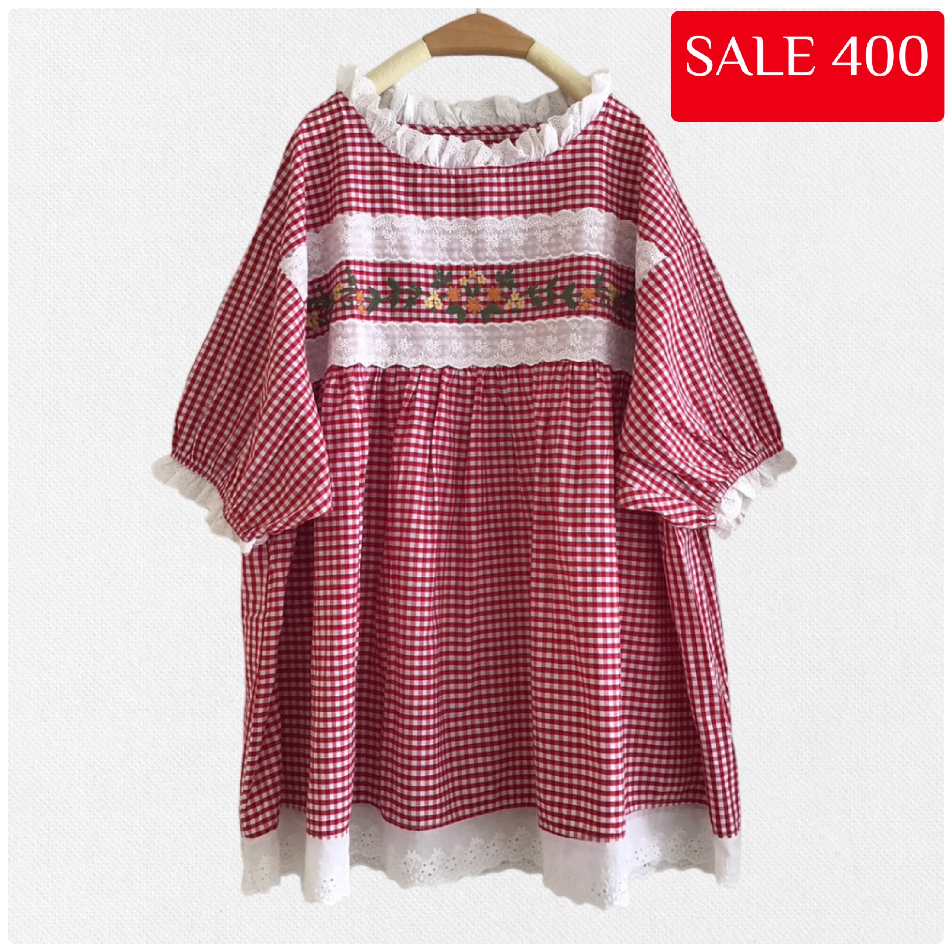 เสื้อผ้าฝ้ายลายสก็อตลายปักแต่งผ้าลูกไม้