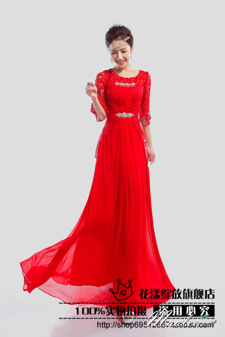 พร้อมเช่า ชุดราตรียาว สีแดง แขนสามส่วน แต่งลูกไม้ จับเดรปทรงนาฬิกาทราย (L=3XL)