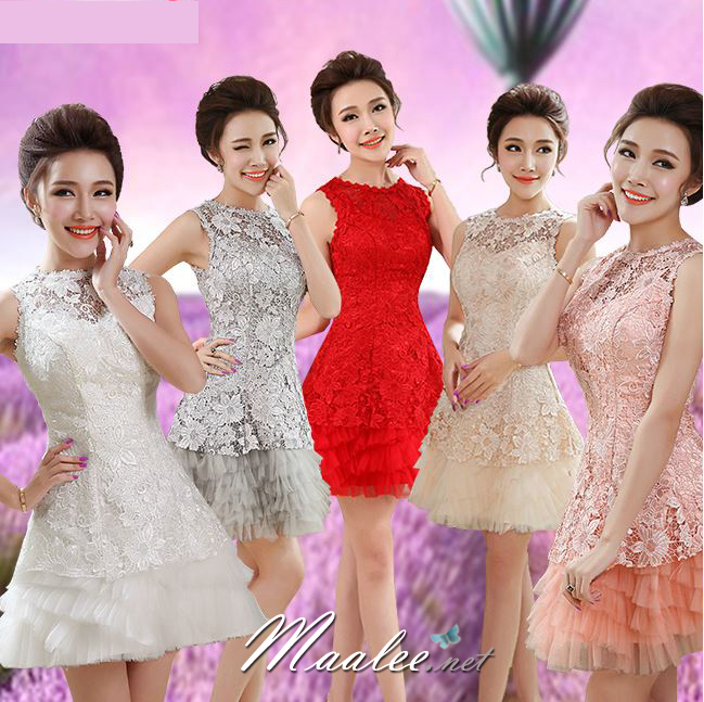 พร้อมเช่า ชุดราตรีสั้น แขนกุดลูกไม้ กระโปรงแต่งระบายสวยหรู สีเทา