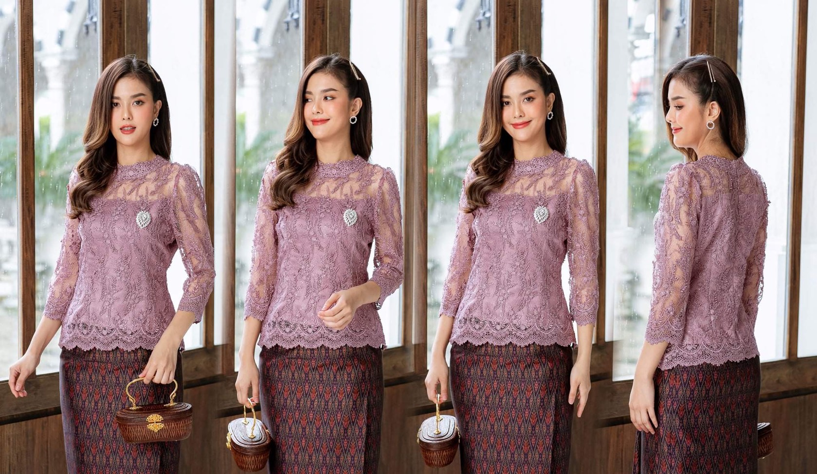 Pro-order ชุดเช่า ชุดไทยคุณแม่ เสื้อลูกไม้สีกะปิ คอปีน ผ้าซิ่น แยกชิ้น เรียบหรู **สามารถเลือกเปลี่ยนกระโปรงแบบที่ต้องการได้**