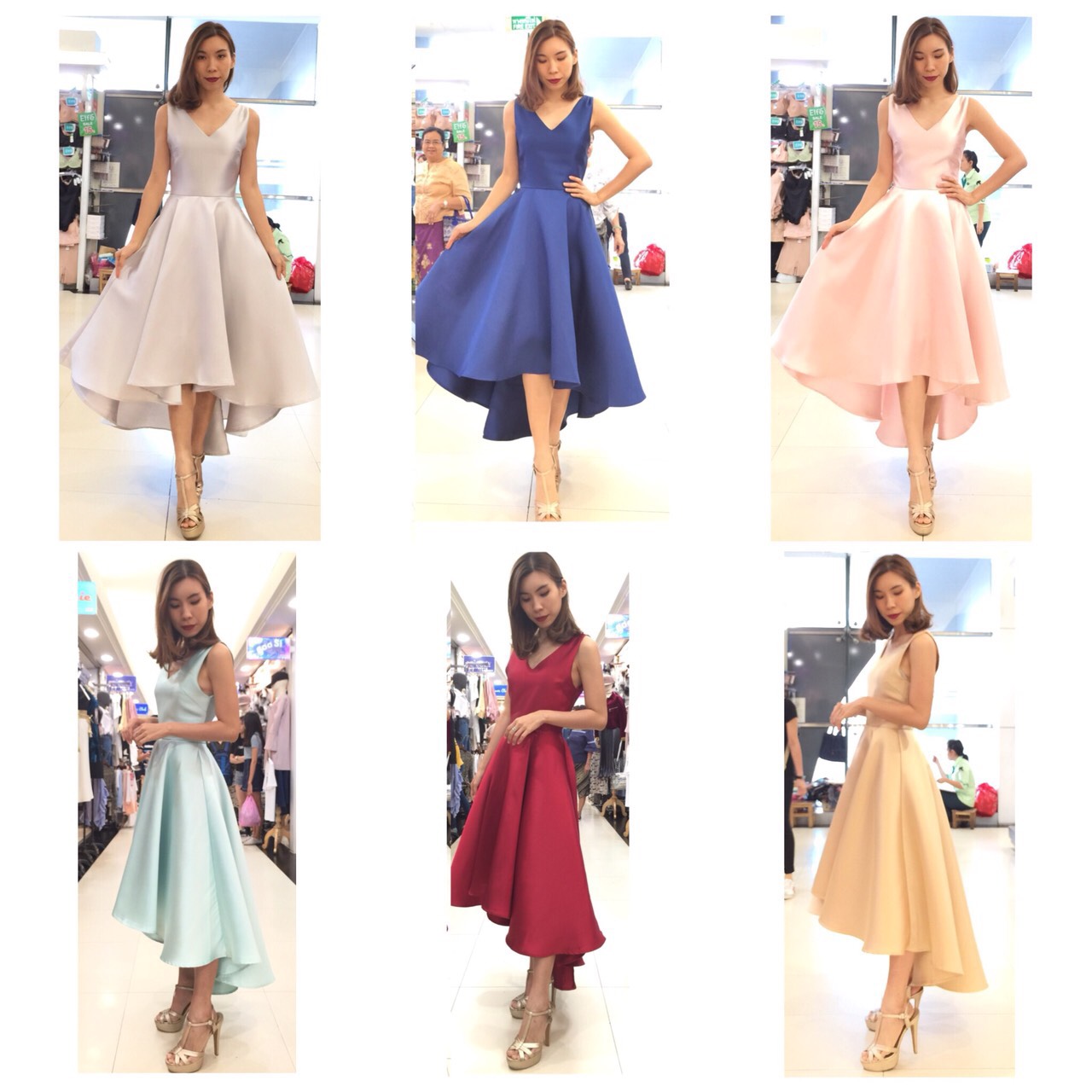 พร้อมเช่า ชุดเดรสเนื้อไหม คอวี แขนกุดจับเดรป ชายย้วย หน้าสั้นหลังยาว สีทอง