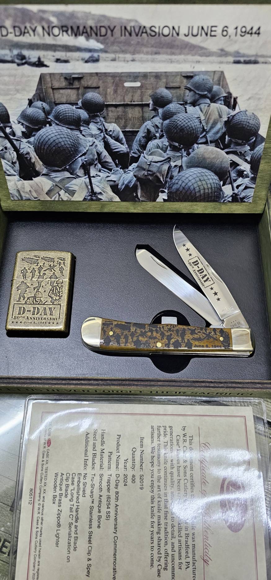 Case D-Day 80th Anniversary - Antique Bone Trapper with Zippo Lighter limited Edition