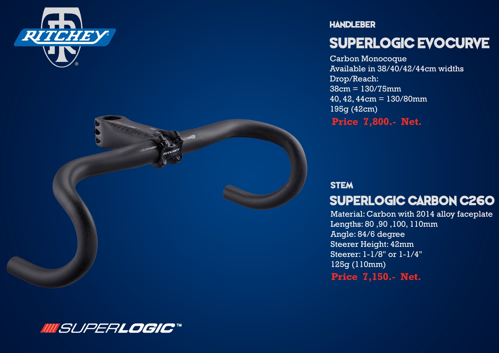 RITCHEY แฮนด์ถนน, SUPERLOGIC EVOCURVE, คาร์บอน, 38, 40, 42, 44CM