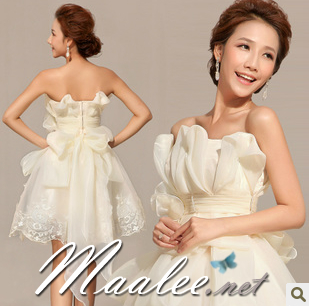 พร้อมเช่า ชุดราตรีสั้น เกาะอก สีครีม Champagne ผ้าแก้วแต่ง Layer กระโปรงลูกไม้