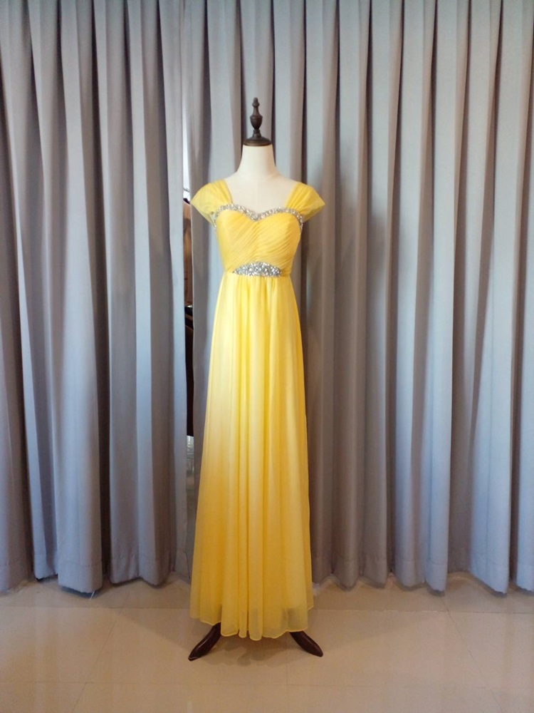 พร้อมส่ง ชุดราตรียาว ผ้าชีฟอง สีเหลือง แต่งคริสตัลหรูช่วงอกและเอว