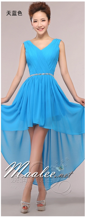 พร้อมส่ง ชุดราตรีสั้น แขนกุด หน้าสั้นหลังยาว สีฟ้าเข้ม คาดเอวคริสตัล