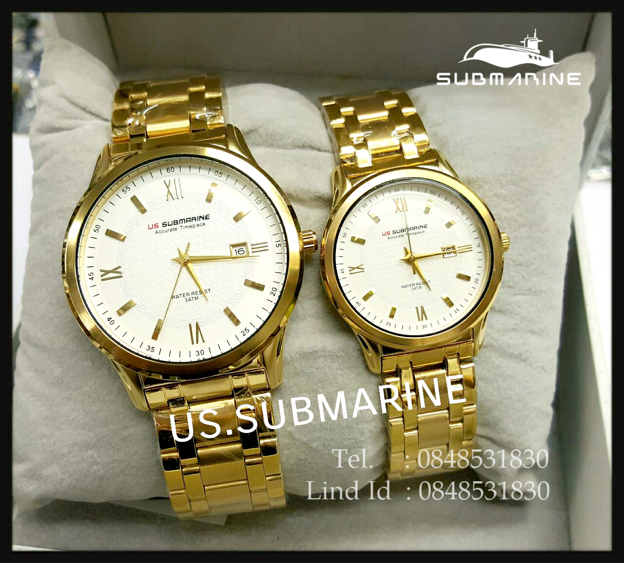 นาฬิกาคู่ US submarine รุ่น J117MD เรือนสีทองหน้าปัดสีขาว เลขโรมัน แพคคู่