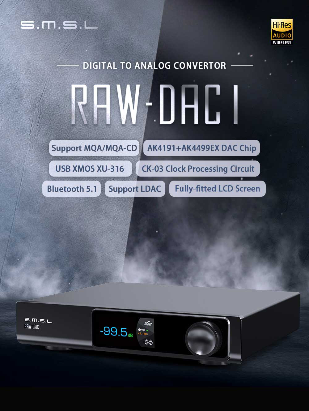 SMSL RAW-DAC1 ตัวถอดรหัสสัญญาณเสียง DAC ชิป AK4191+AK4499EX รองรับ MQA, LDAC ประกันศูนย์ไทย