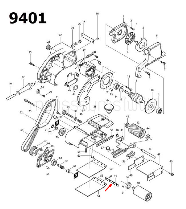 เหล็กยึดแผ่นก๊อก เครื่องขัดสายพาน Makita มากีต้า 9401, 9402 [#53] Pn.341079-5(แท้) ##