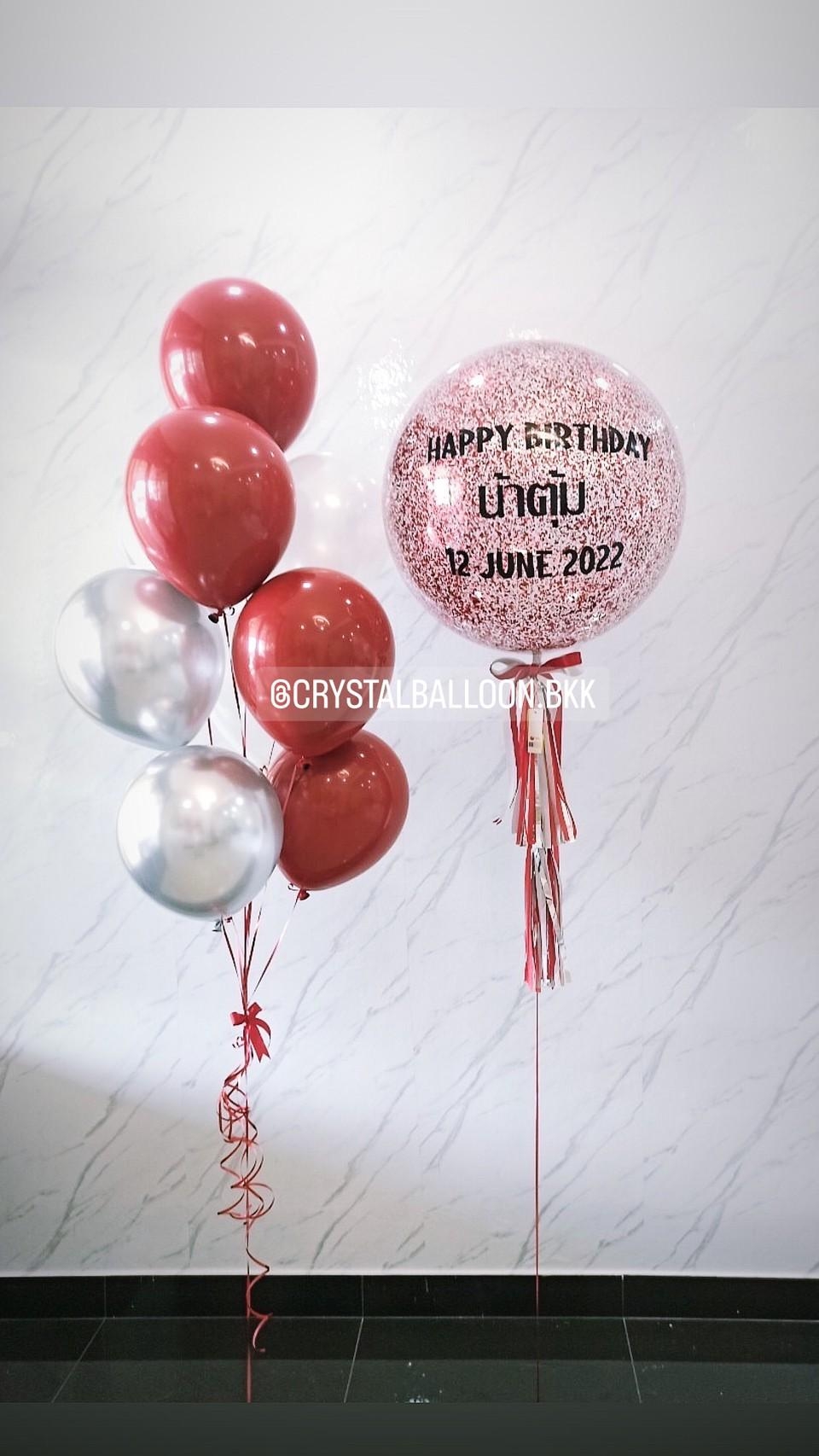 ลูกโป่ง วันเกิด Bubble ขนาด 24" กลิตเตอร์สีแดง พร้อม ช่อลูกโป่ง ช่อ 9 ลูก 1 ช่อ พร้อมตกแต่ง สามารถเปลี่ยนสีลูกโป่ง/เปลี่ยนข้อความ/เปลี่ยนขนาดได้