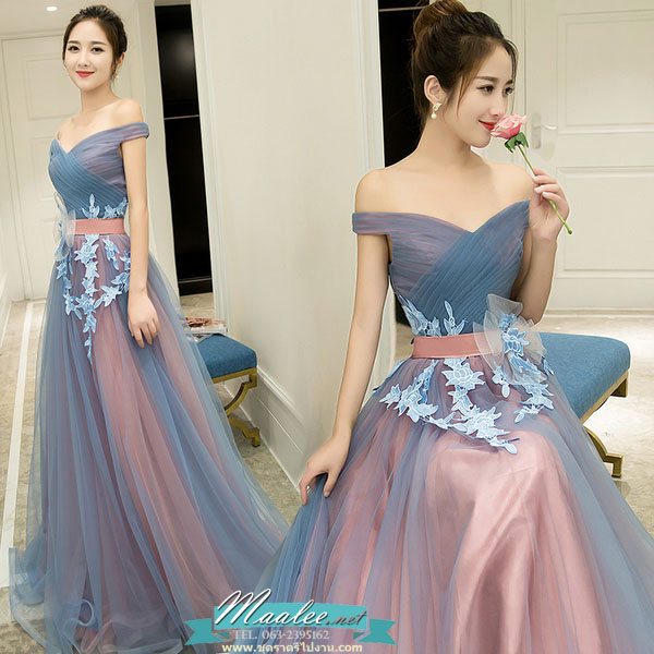 พร้อมเช่า ชุดราตรียาว แบบไหล่ปาด สีเทา-ชมพู Two Tone สไตล์เจ้าหญิง สวยหวานน่ารักมาก เนื้อผ้าตาข่าย แต่งโบว์และลูกไม้ช่วงเอว (เชือกผูกหลัง)