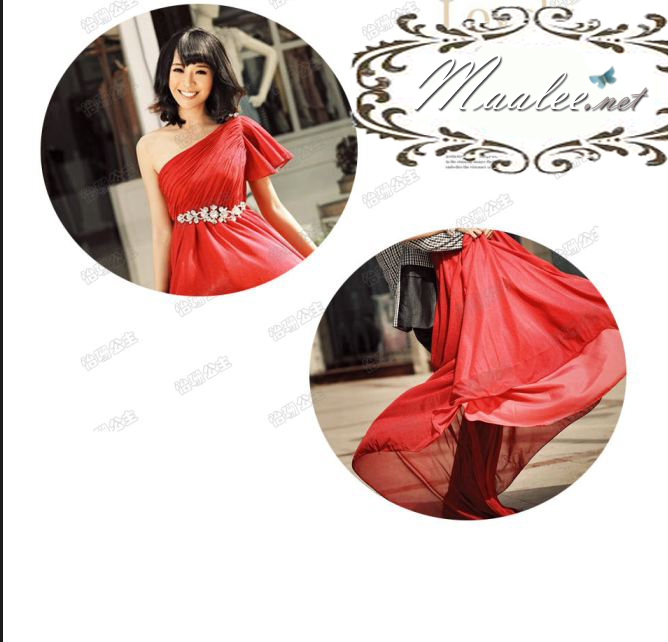 พร้อมส่ง ชุดราตรียาว สีแดง ไหล่เดียว แขนย้วย ผ้าอัดพลีทสวย แต่งเลื่อมช่วงเอว