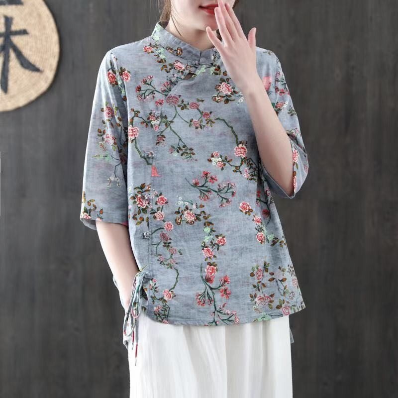 เสื้อคอจีนผ้าลินินผสมฝ้ายลายดอกไม้