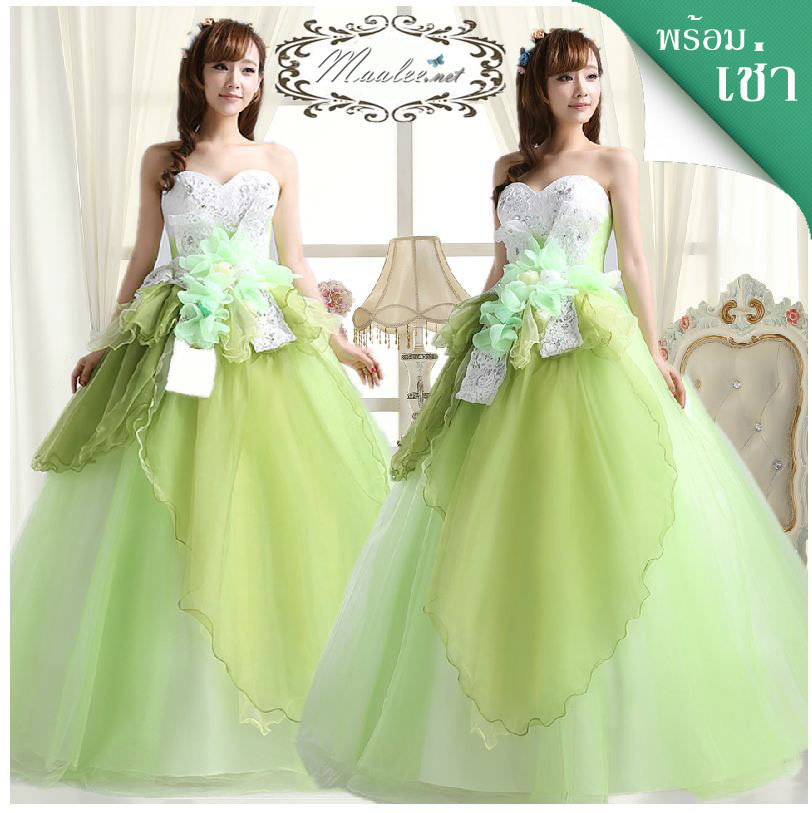 พร้อมเช่า ชุดแฟนซี ชุดราตรียาว เกาะอก สีเขียว ขาว Pastel แต่งผ้าแก้ว ช่อดอกไม้