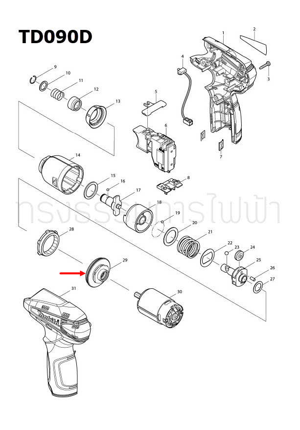 BEARING BOX COMPLETE สว่านไขควงกระแทกไร้สาย Makita มากีต้า TD090, TD090D, TD090DW [#29] Pn.158671-8 (แท้) ##