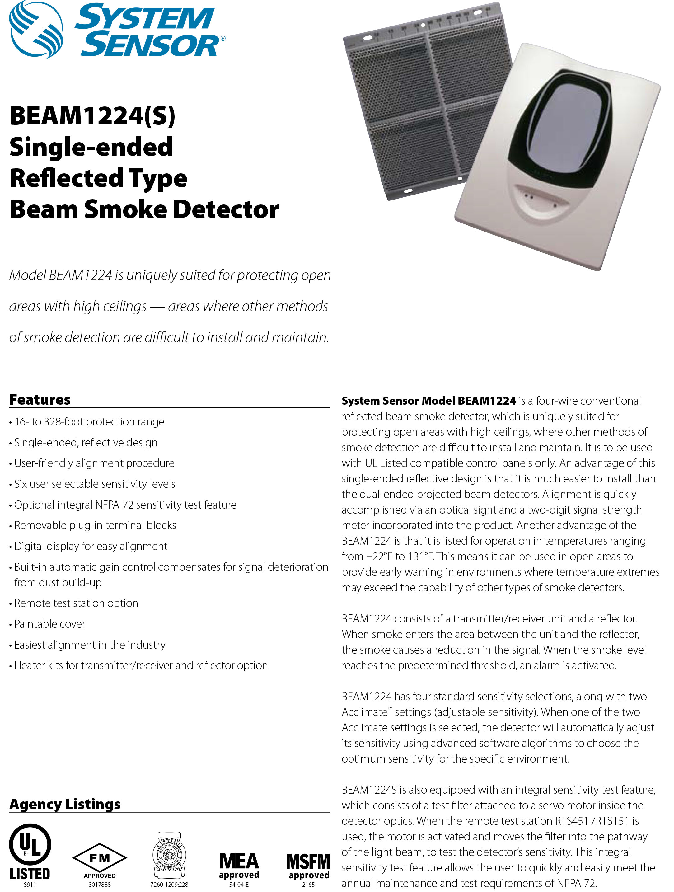 Conventional Single-ended Reflected Beam Smoke Detector รุ่น BEAM1224 ยี่ห้อ SYSTEM SENSOR