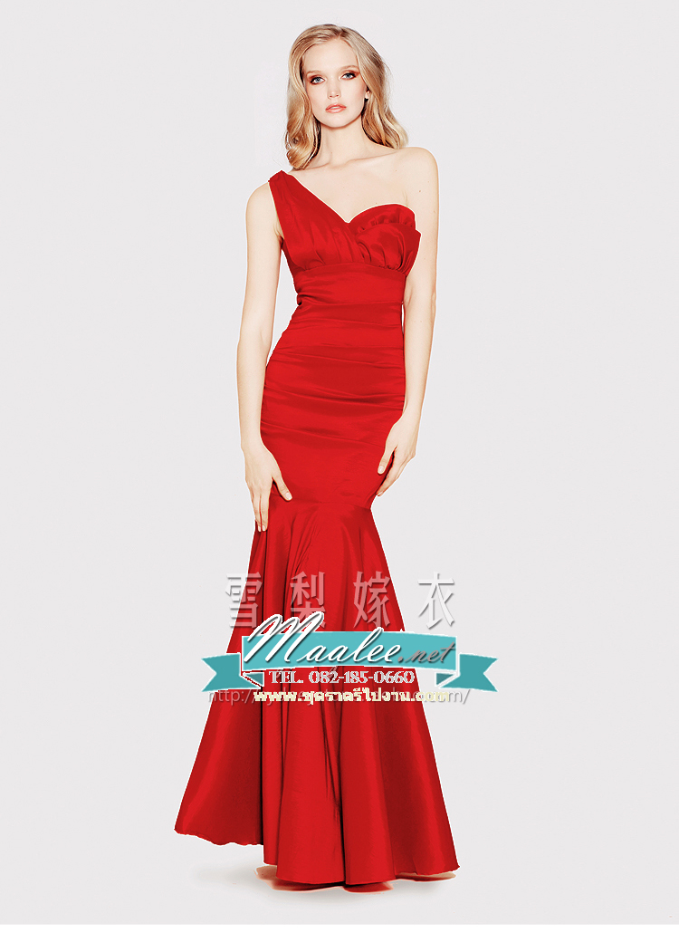 พร้อมเช่า ชุดราตรียาว เกาะอก ไหล่เดียว ทรงหางปลา ผ้าแพรยืดตามตัว แหวกหน้าขา สีแดง