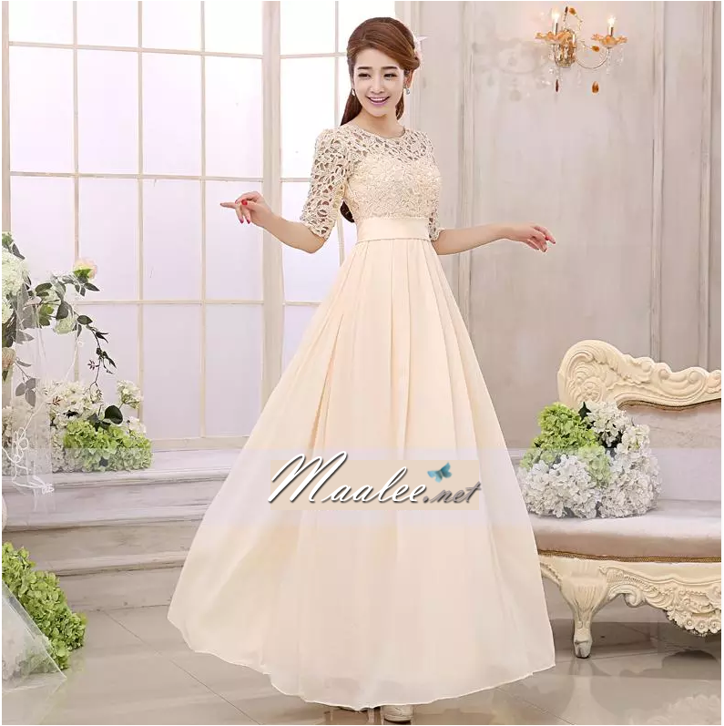 พร้อมส่ง ชุดราตรียาว สีครีม แขนสามส่วน ลูกไม้ฉลุ กระโปรงผ้าชีฟอง