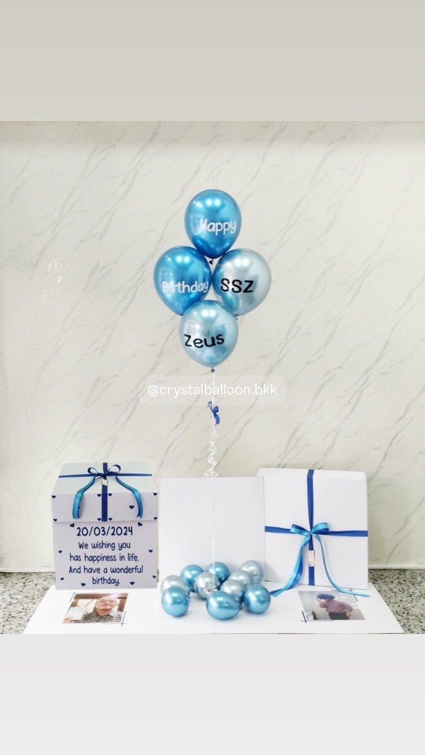 Happy Birthday Surprised Box กล่องเซอร์ไพรส์วันเกิด พร้อม ลูกโป่ง 4 ลูก พร้อมตกเเต่ง สามารถใส่รูปได้ 2 ใบ สามารถเปลี่ยนสีลูกโป่ง/เปลี่ยนสีข้อความได้