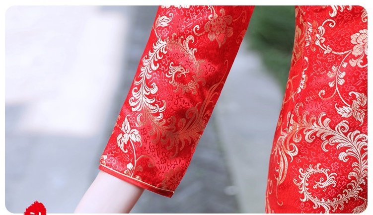 Pre-order กี่เพ้า ผ้าไหมจีน สีแดง แขนยาว ลายนกฟินิกซ์ ตัดเย็บอย่างดี