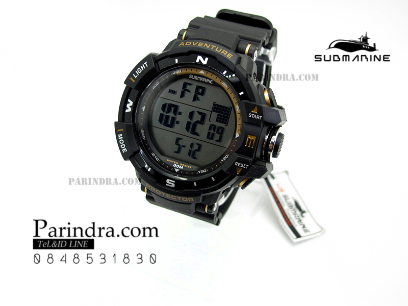 นาฬิกา US submarine TP1338M สีดำ-ทอง พื้นหลังเทา กรอบเข็มทิศระบบDigital