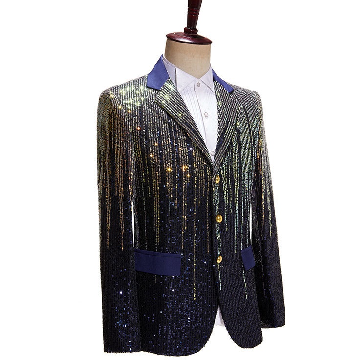 Pre-order เสื้อสูทชาย สูทแฟชั่น สูทกลิตเตอร์ ไล่สี สีทองน้ำเงิน กระดุม3เม็ด