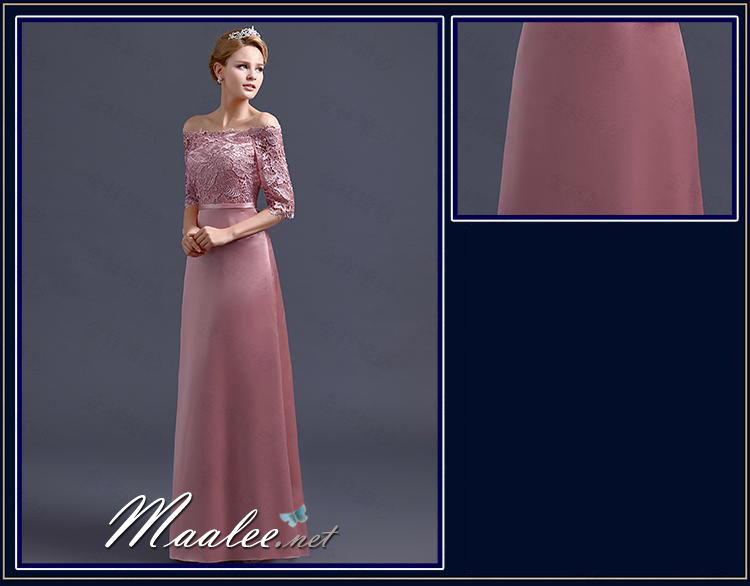 พร้อมเช่า ชุดราตรียาว แบบปาดไหล่ สีชมพูNude ผ้าซาติน แต่งลูกไม้ (เชือกผูกหลัง)