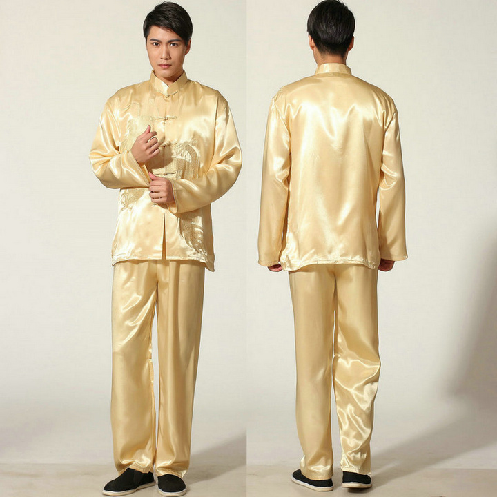Pre-order ชุดจีน ชาย เสื้อพร้อมกางเกง สีทอง ปักลายมังกร