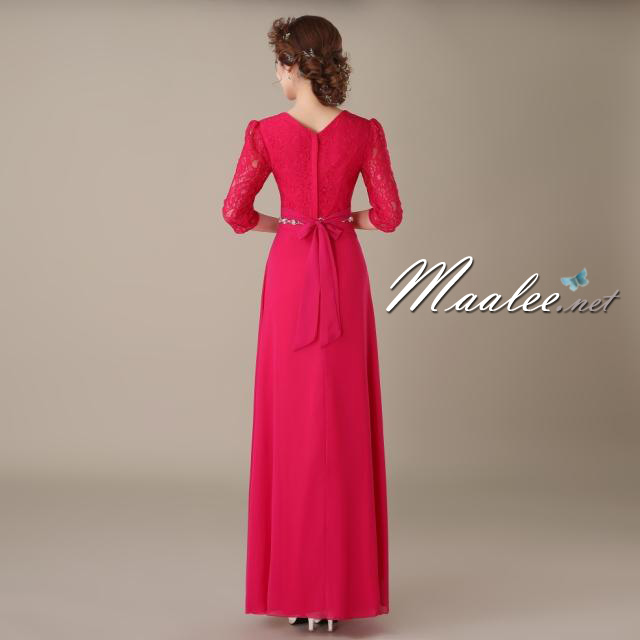 พร้อมเช่า ชุดราตรียาว สีชมพู บานเย็น ไซส์ใหญ่ แขนสามส่วน แต่งลูกไม้ กระโปรงผ้าชีฟอง เอวแต่งเพชร มีไซส์ XL - 3XL