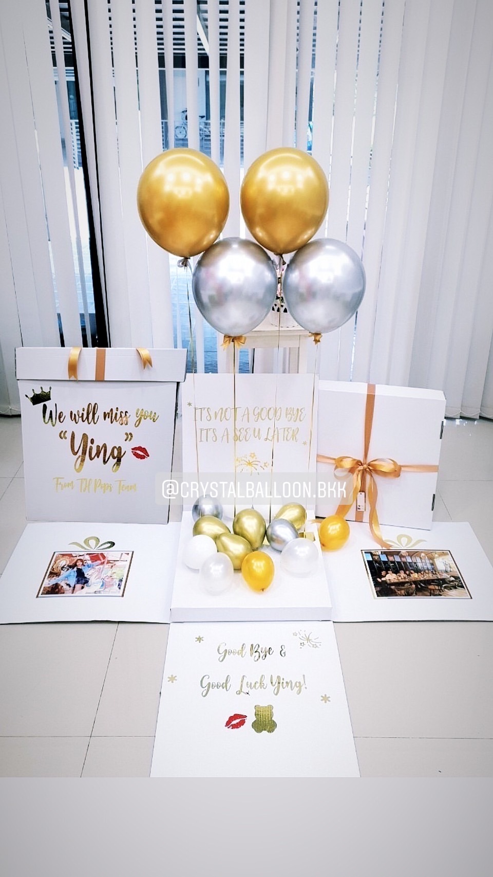 Happy Birthday Surprise Box Theme สีเงิน - ทอง พร้อมตกแต่ง ลูกโป่งโครเมียม 4 ลูก,สามารถใส่รูปได้ 2 ใบ สามารถเปลี่ยนสีลูกโป่ง/เปลี่ยนข้อความได้
