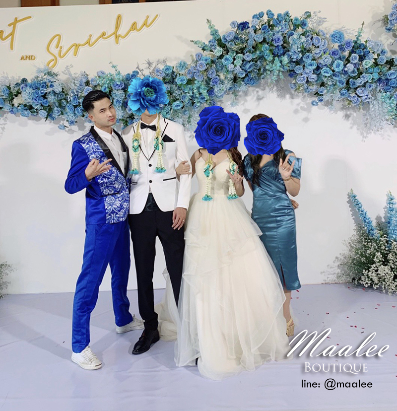 พร้อมเช่า ชุดสูทจีนชาย สีน้ำเงิน แต่งปกดำ ซาติน