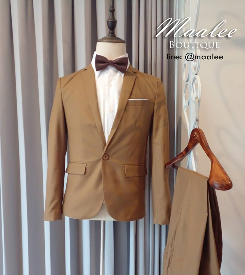พร้อมเช่า ชุดสูทชาย น้ำตาลทอง สูทเพื่อนเจ้าบ่าว รุ่นกระดุมเดียว (ไม่มีเสื้อกั๊ก)