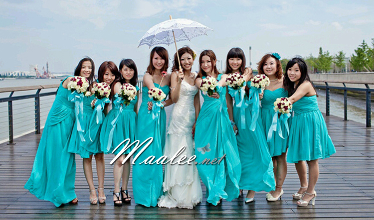 พร้อมเช่า ชุดเพื่อนเจ้าสาว ชุดราตรียาว ผ้าชีฟอง สีฟ้า เทอร์ควอยส์ แบบ F