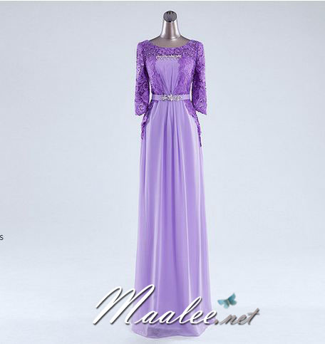 พร้อมเช่า ชุดราตรียาว สีม่วง แขนสามส่วน แต่งลูกไม้ จับเดรปทรงนาฬิกาทราย (L - 3XL)