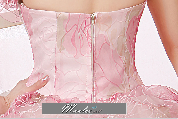 พร้อมเช่า ชุดแฟนซี เช่า 500 ชุดราตรีสั้น เกาะอก สีกุหลาบแต่งดอกไม้สามมิติ พองฟูน่ารักมาก