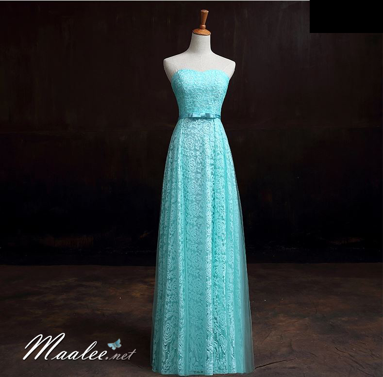 พร้อมส่ง ชุดราตรียาว เกาะอกลูกไม้ คลุมผ้าตาข่ายชั้นนอก แต่งโบว์ช่วงเอว สีฟ้า