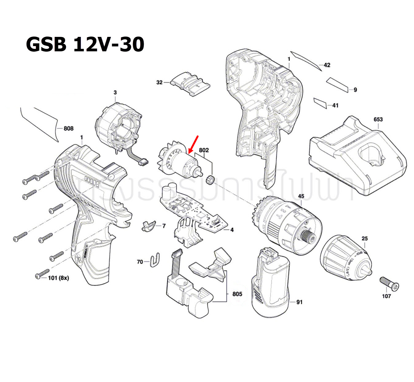 มอเตอร์ไฟฟ้า DC ไร้แปรง สว่าน Bosch บอช GSB 12V-30 [#802] Pn.1600A01C9M (แท้-สั่ง)