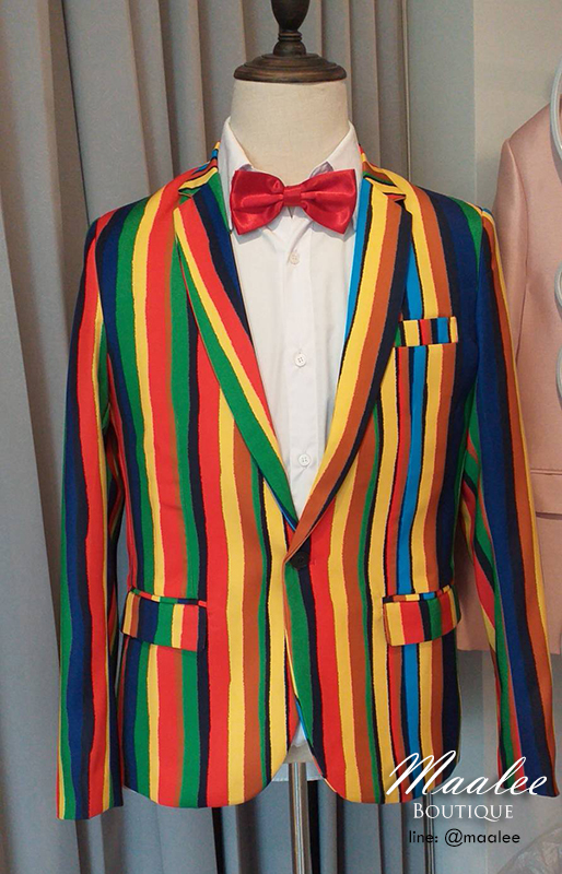 พร้อมเช่า เสื้อสูท แฟนซี สีรุ้ง Colorful สูทลูกทุ่ง กับกางเกงสแลคสีดำ