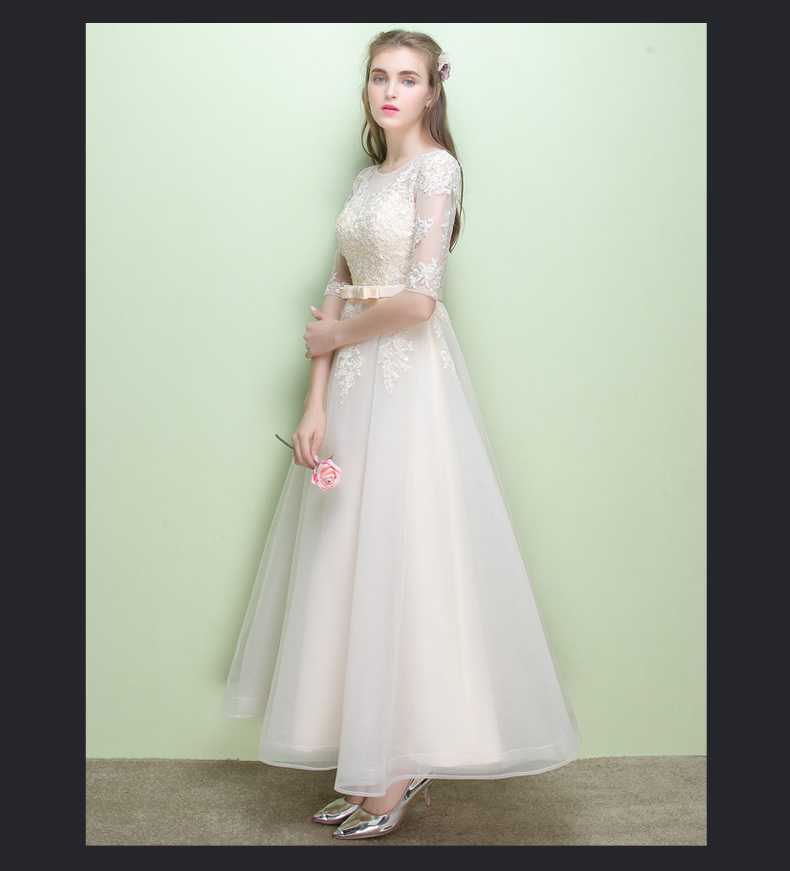 Pro-order เดรส สีครีม แขนยาว ปาดไหล่ ลูกไม้ ถ่ายพรีเวดดิ้ง (ซิปหลัง)