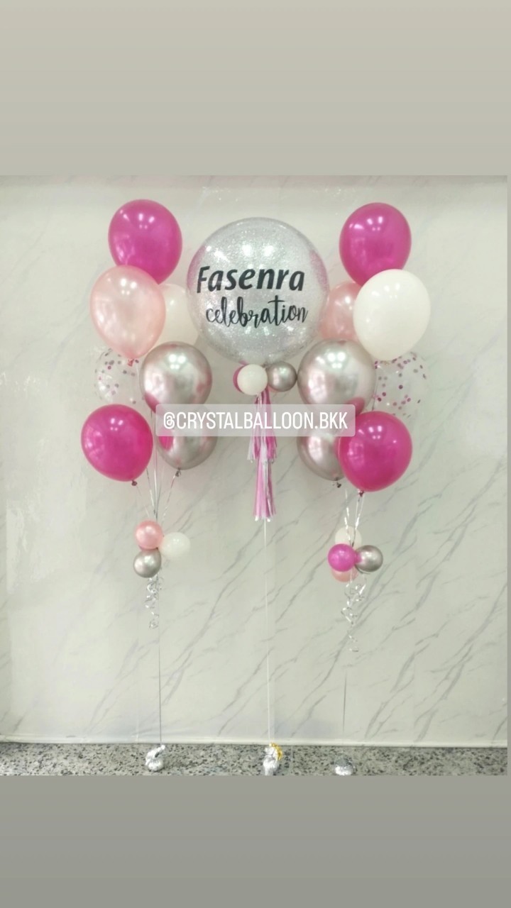 ลูกโป่ง เปิดงาน Bubble ขนาด 24" กลิตเตอร์สีเงิน 1 ลูก พร้อม ช่อลูกโป่ง ช่อ 7 ลูก 2 ช่อ Theme สีชมพู พร้อมตกแต่ง สามารถเปลี่ยนสีลูกโป่ง/เปลี่ยนข้อความ/เปลี่ยนขนาดได้