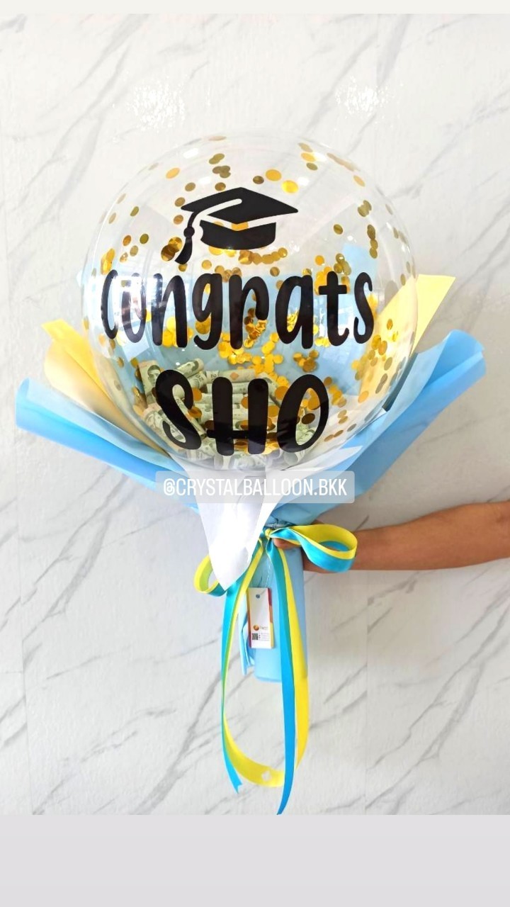 Balloon Cash Bubble ขนาด 18" คอนเฟตติสีทอง 1 ช่อ สามารถใส่เงินได้ 30 ใบ พร้อมตกแต่ง สามารถเปลี่ยนข้อความ/เปลี่ยนสีได้