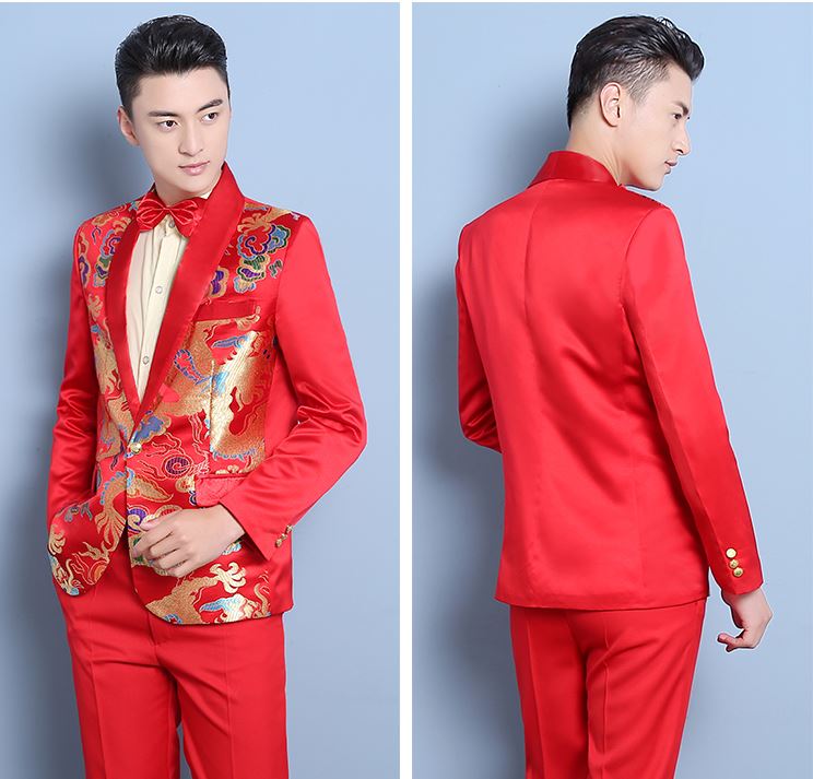 Pre-order ชุดสูทจีนชาย สีน้ำเงินปกคอน้ำเงิน พิมพ์ลายกราฟฟิก