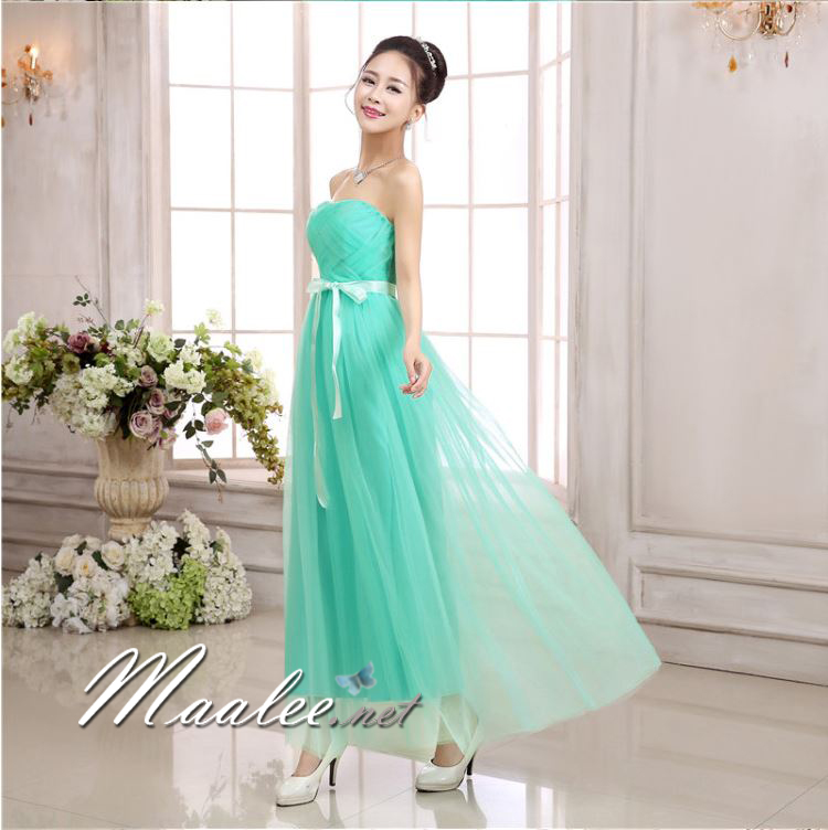 พร้อมส่ง ชุดเดรสยาว เกาะอก จับสม๊อกด้านหลัง สีฟ้ามิ้น