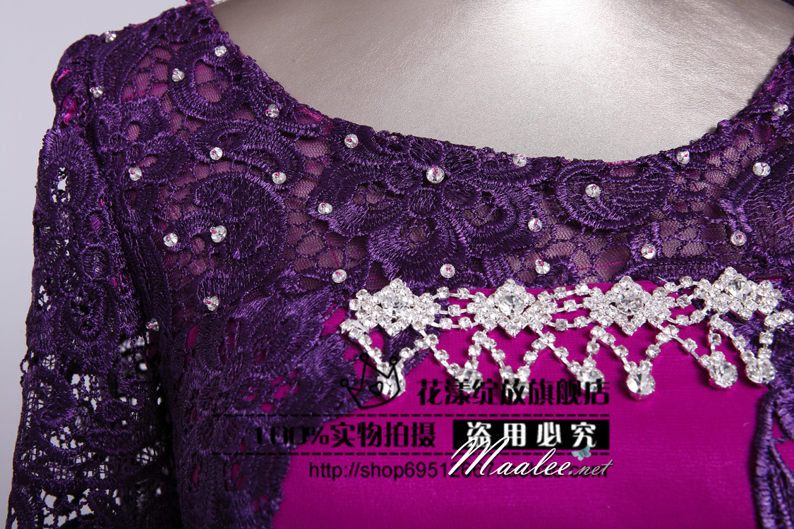 พร้อมเช่า ชุดราตรียาว สีม่วง แขนสามส่วน แต่งลูกไม้ จับเดรปทรงนาฬิกาทราย (L - 3XL)