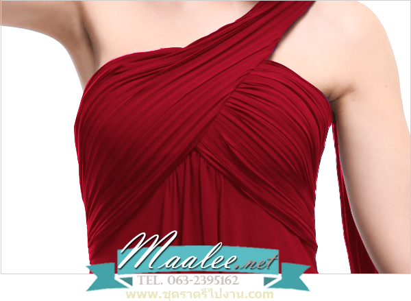 พร้อมส่ง ชุดราตรียาว เกาะอก ไหล่เดียว สีไวน์แดง ผ้าชีฟองจับเดรปไขว่ช่วงหน้าอก ทิ้งชายด้านหลัง (ซิปข้างลำตัว)