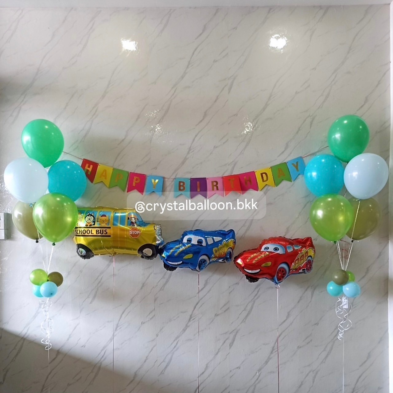 ลูกโป่ง วันเกิด ช่อลูกโป่ง ช่อ 5 ลูก 2 ช่อ โทนสีเขียว พร้อม ป้ายธง Happy Birthday หลากสี 1 ชิ้น,ฟอยล์รถ 3 ชิ้น พร้อมตกแต่ง สามารถเปลี่ยนสีลูกโป่ง/เปลี่ยนสี-ป้ายธง/เปลี่ยนสี-ฟอยล์ตัวเลข/เปลี่ยนฟอยล์ตกแต่งได้