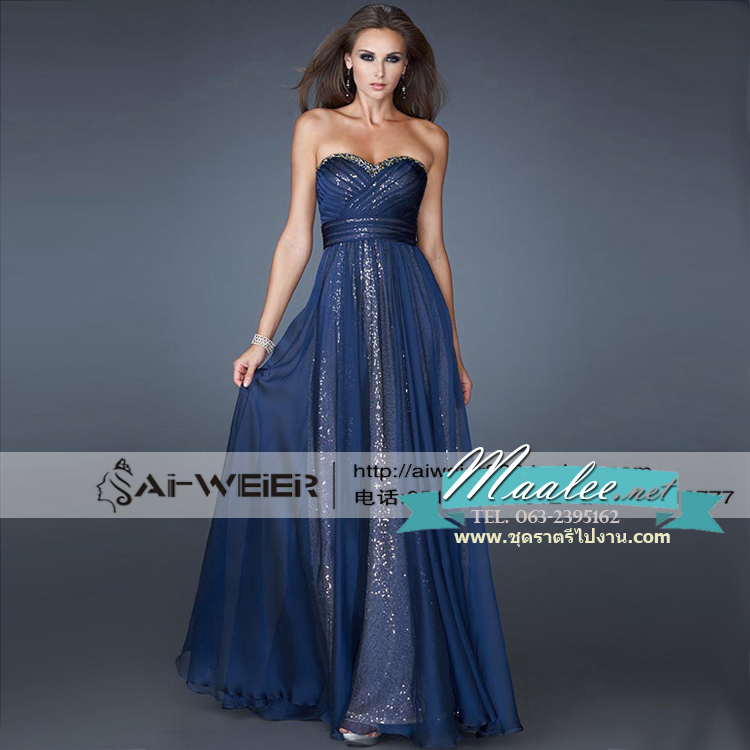 พร้อมส่ง ชุดราตรียาว เกาะอก สีครีม Champagne ตัวชุดสวยหรู แต่งเลื่อมทั้งชุด ผ้าด้านนอกเป็นผ้าชีฟอง (เชือกผูกหลัง)