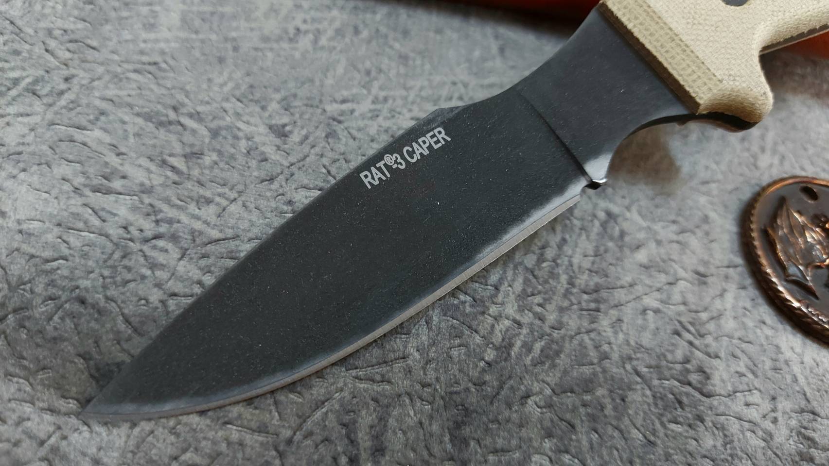 Ontario OKC RAT-3 Caper Fixed Blade Knife Tan Micarta (3" Black)