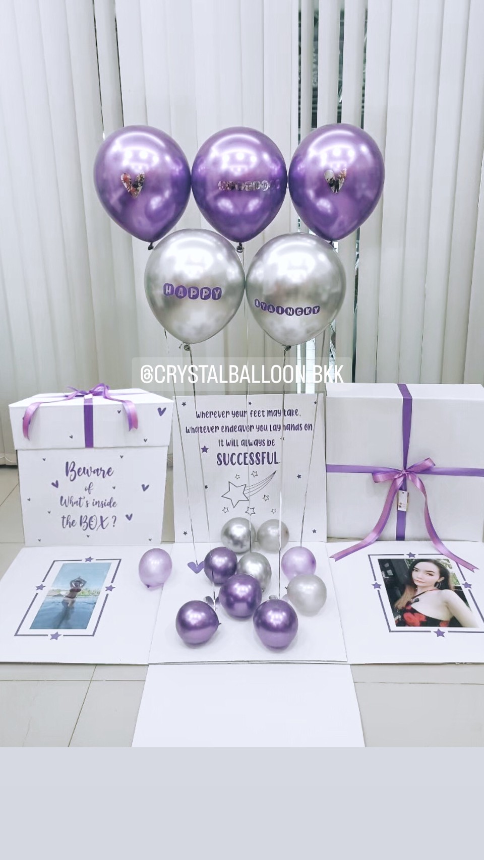 Happy Birthday Surprise Box กล่องเซอร์ไพรส์วันเกิด Theme สีม่วง-เงิน พร้อมตกแต่ง สามารถใส่รูปได้ 2 ใบ สามารถเปลี่ยนสีลูกโป่ง/เปลี่ยนข้อความได้